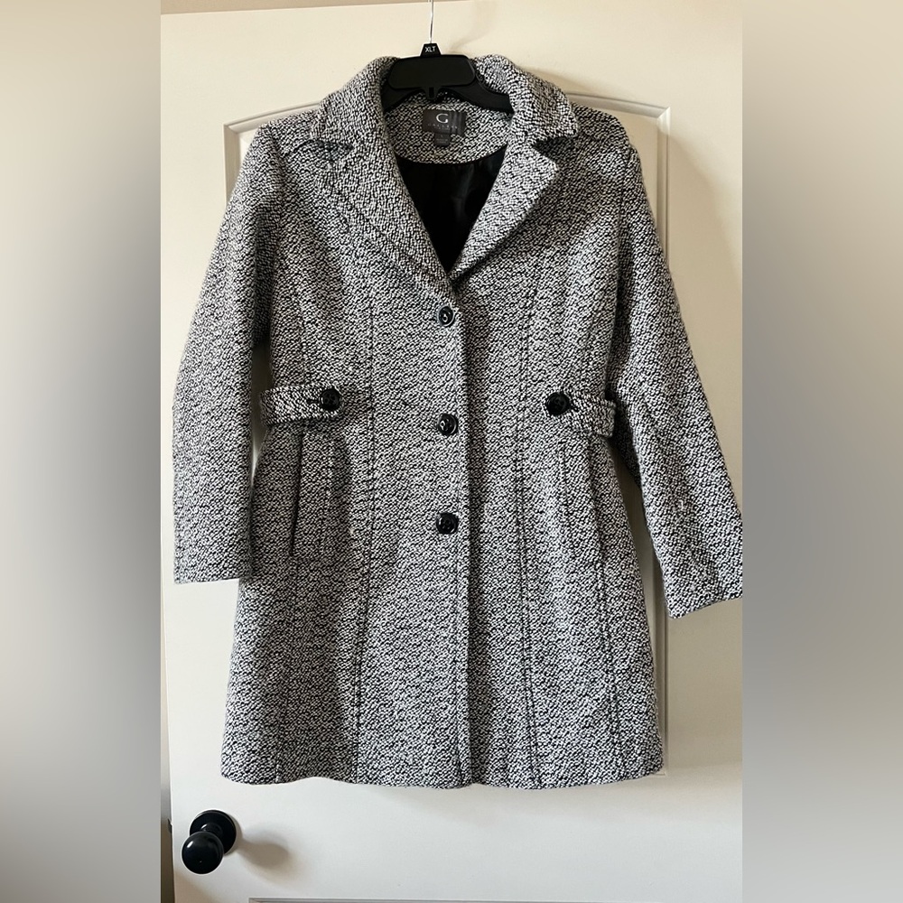 Gallery New York Women’s Large Wool Blend A-Line Pea Coat Tweed Black White - Picture 1 of 8